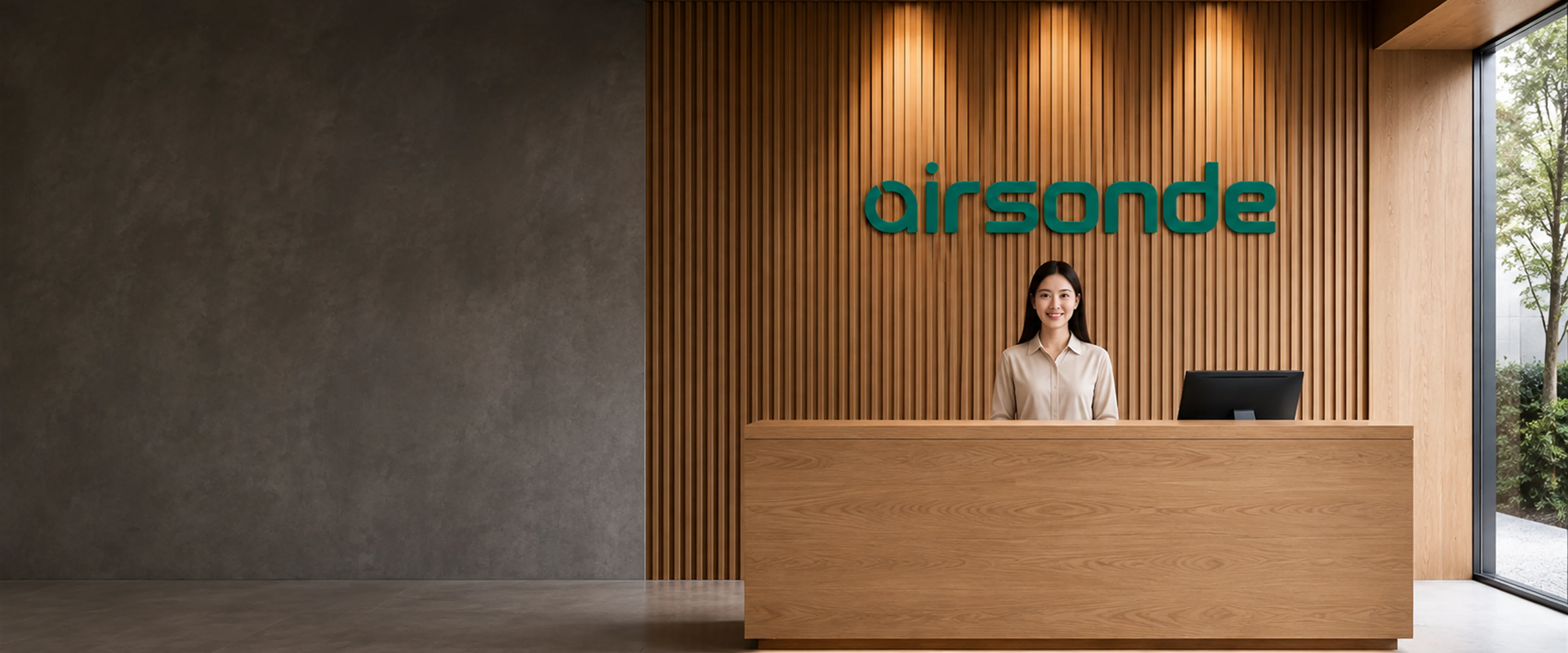 A reception desk in front of a slatted wood wall with the airsonde wordmark on it, one person standing behind the desk beside a computer monitor.