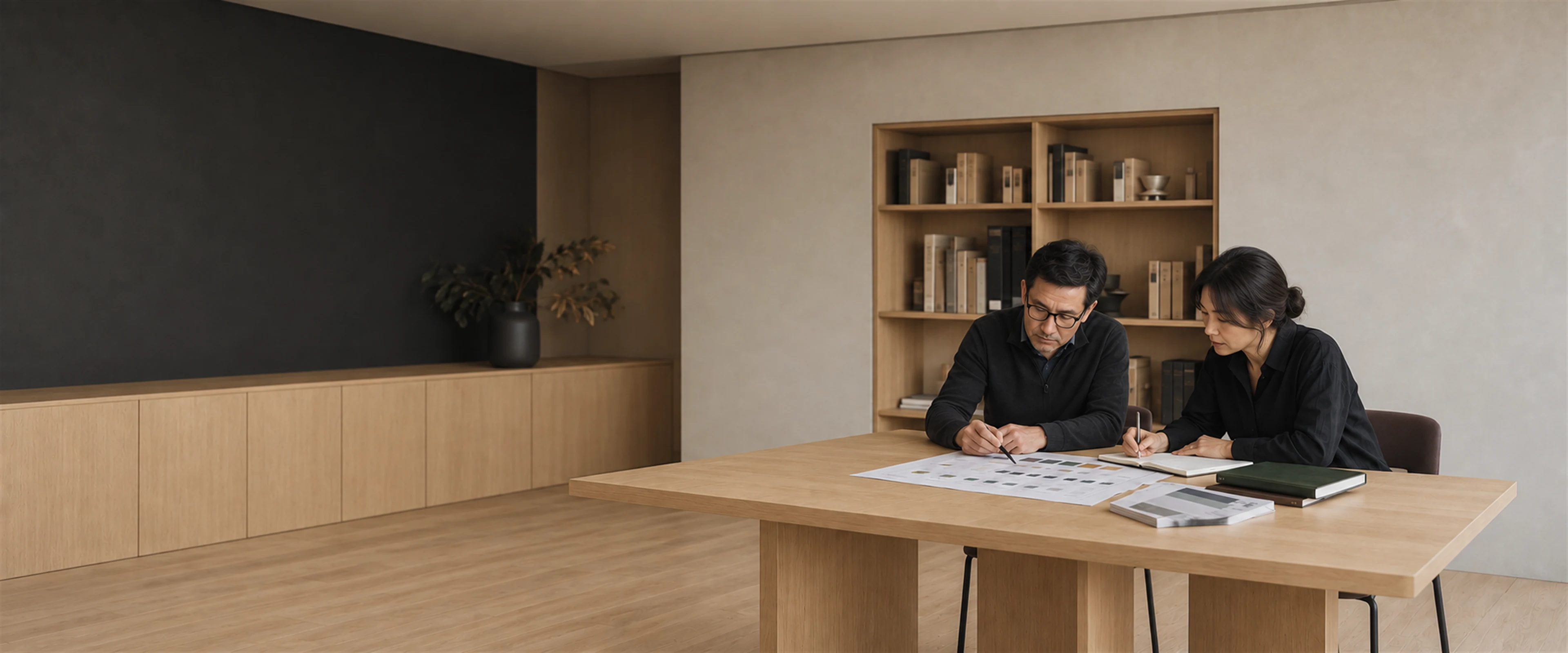 Two people at a wooden table studying a printed comparison chart, one holding a pen and the other writing in a notebook.