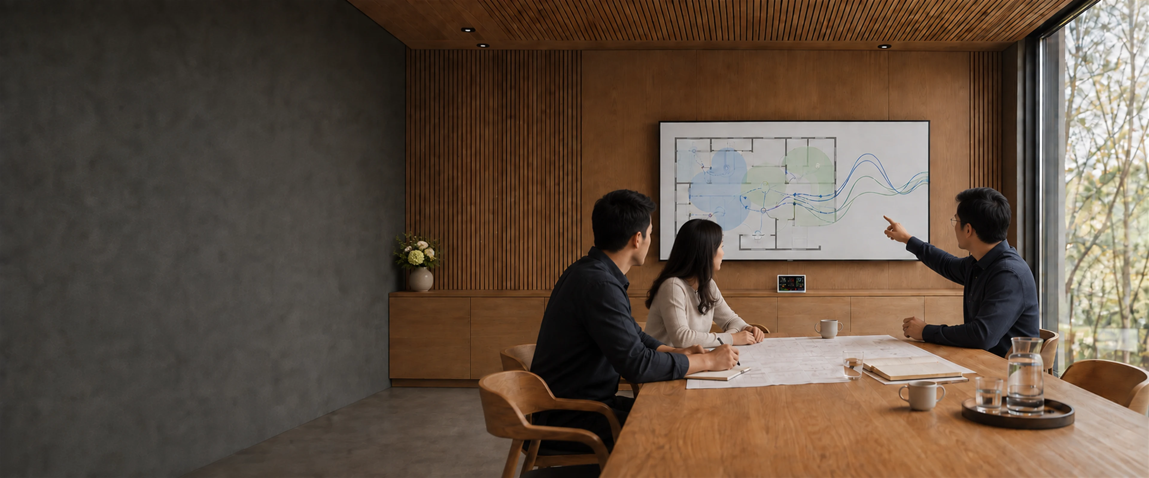Colleagues at a meeting-room table with a floor plan spread out on it, and an air quality monitor on the credenza behind them