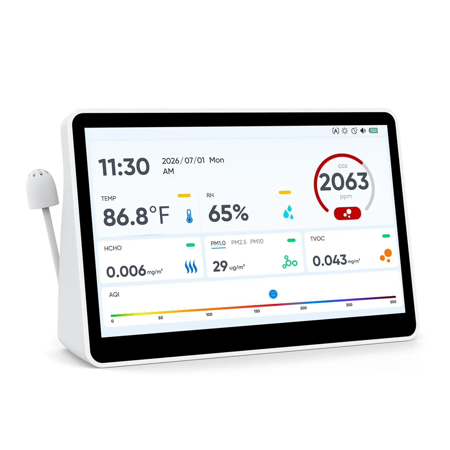 AK34 - Indoor Air Quality Monitor (CO2, TVOC, HCHO, PM1.0, PM2.5, PM10, Temperature, Humidity, AQI), 24H & 15-Day Data Logging, 5000mAh
