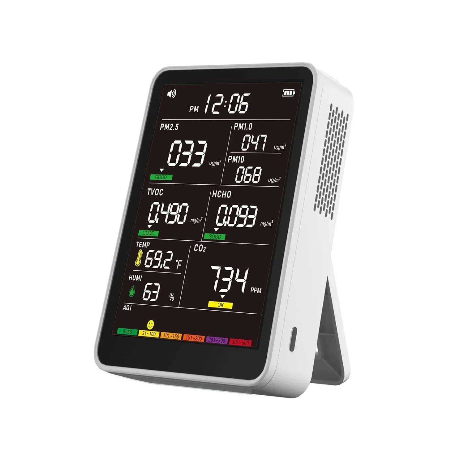 AK16C - Indoor Air Quality Monitor (CO2, TVOC, HCHO, PM1.0, PM2.5, PM10, Temperature, Humidity), AQI Display