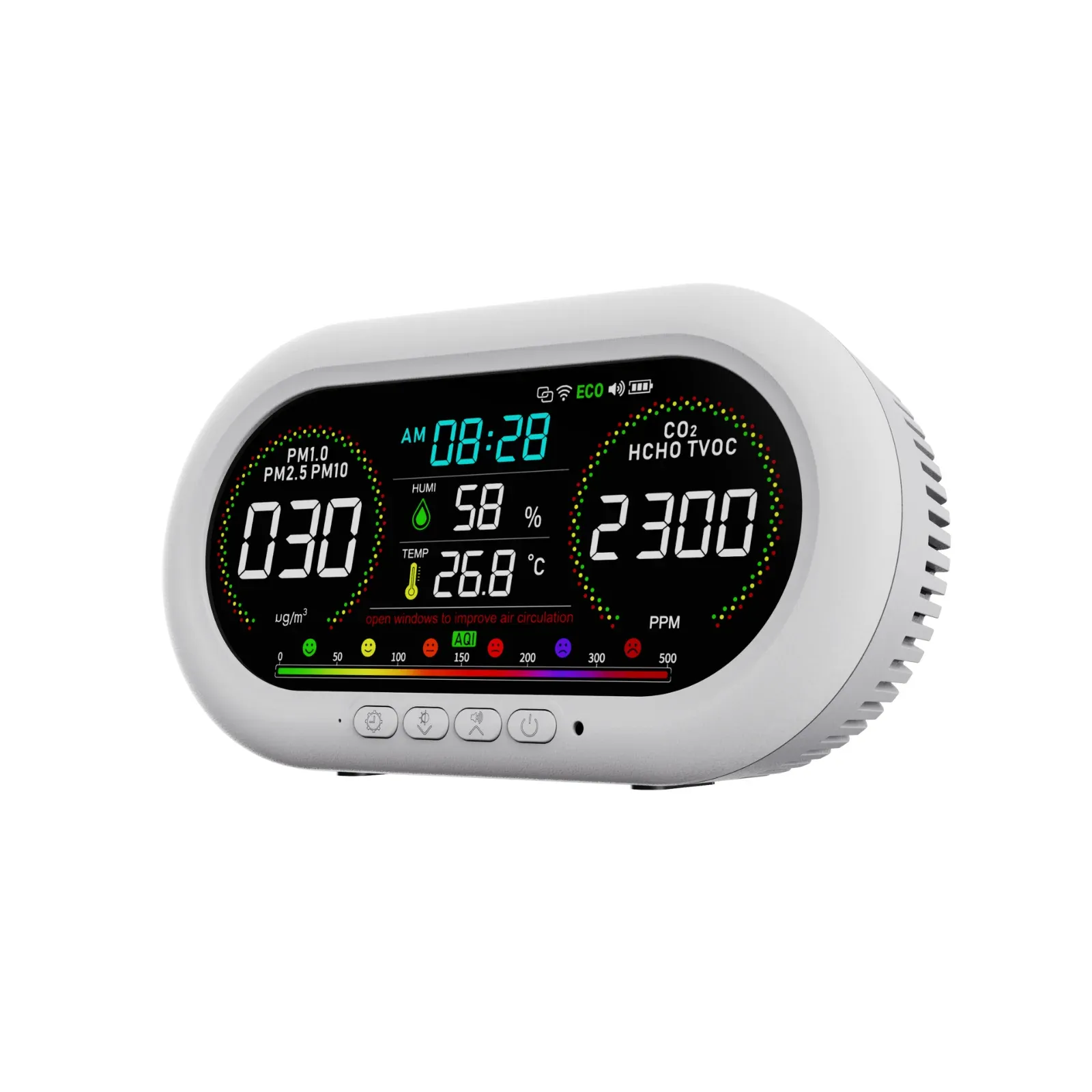 AK30 - Indoor Air Quality Monitor (CO2, TVOC, HCHO, PM1.0, PM2.5, PM10, Temperature, Humidity, AQI), Auto-Dimming Display, 5000mAh